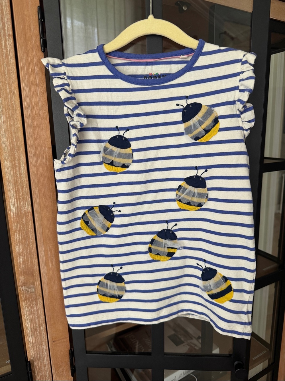 Mini Boden 3d bees tee ruffle short sleeve striped girls embroidered applique